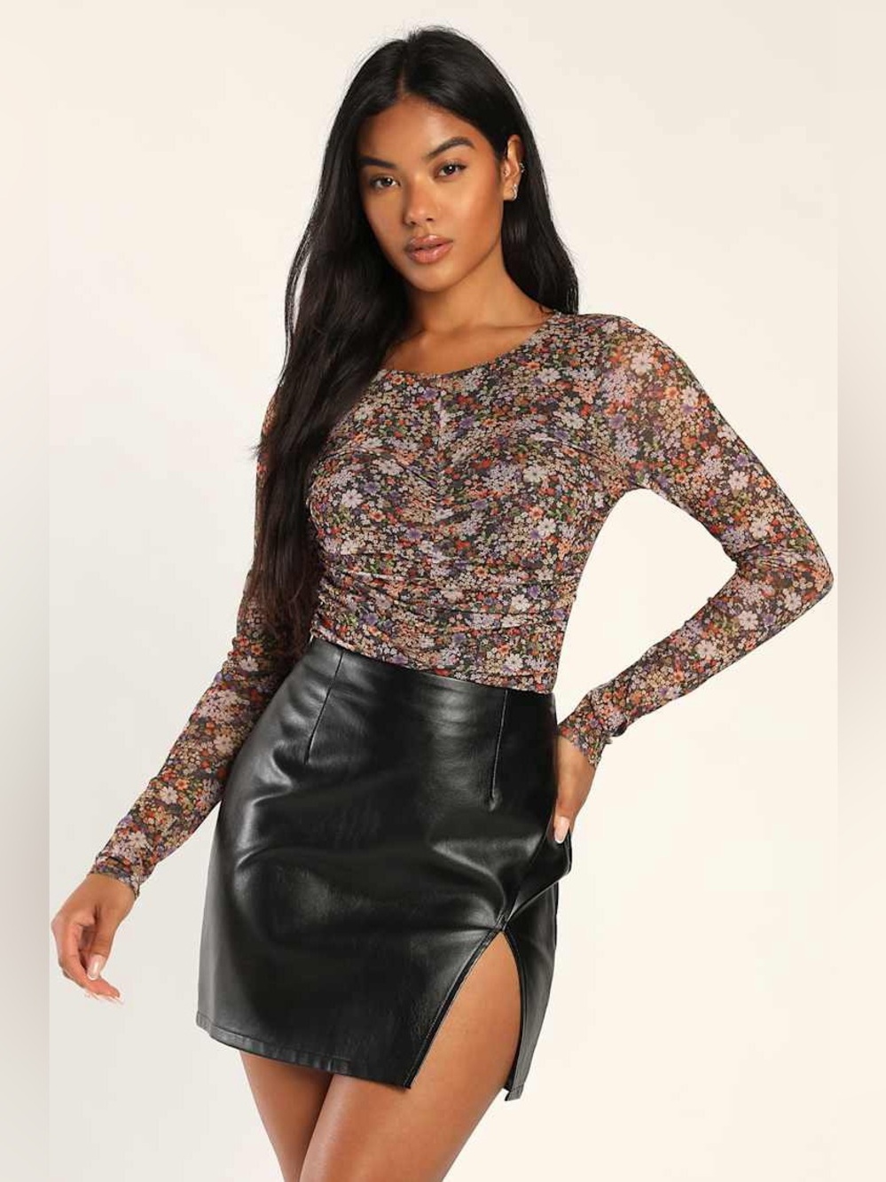 Lulu’s floral ruched mesh bodysuit